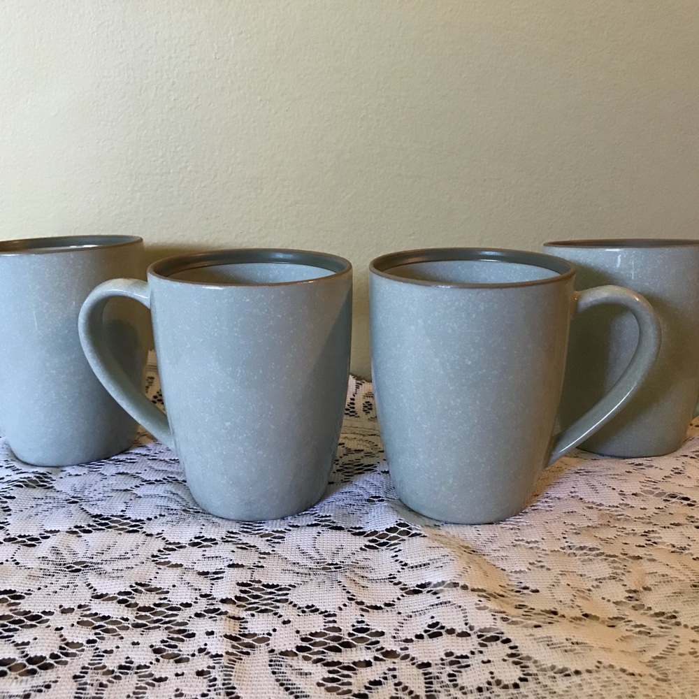 Dansk Vintage Leano Green Tan trim Stoneware Mugs Cups Set of 4